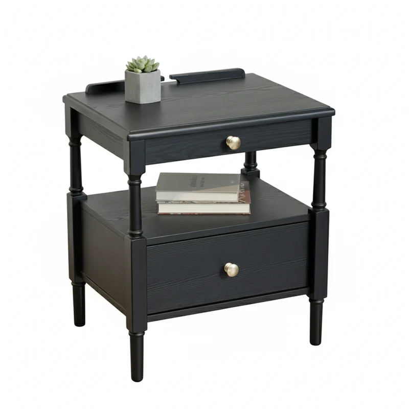 Contemporary Retro Square Ash Wood Solid Wood Plywood Pine Wood Nightstand 2-Drawer For Bedroom