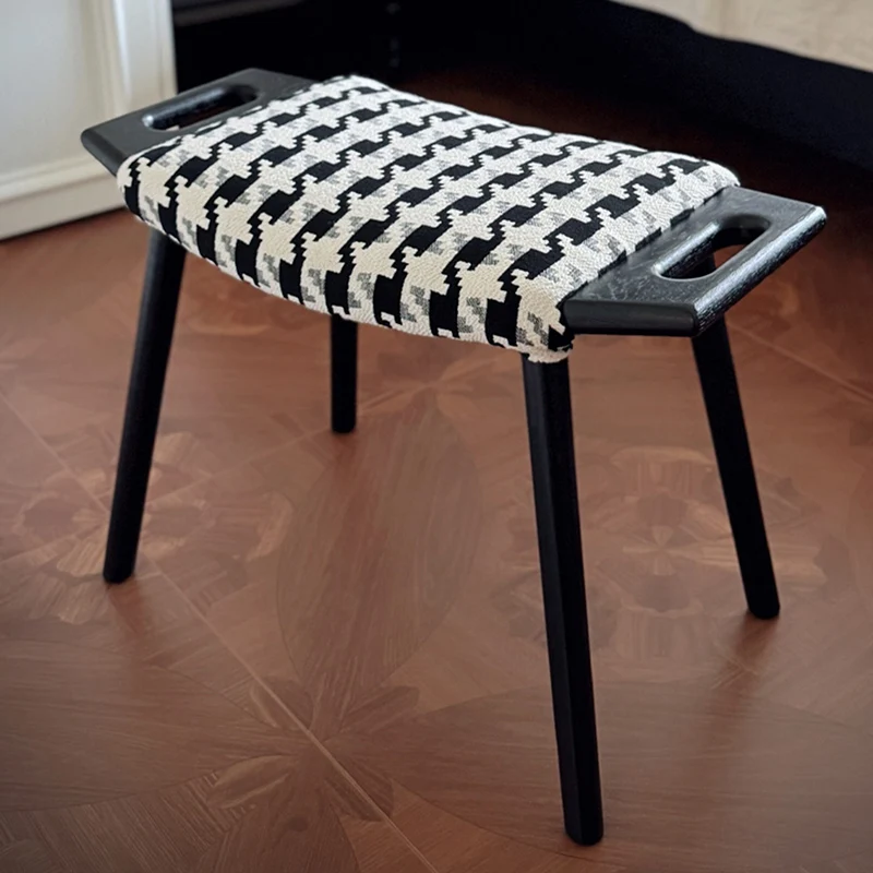Contemporary Retro Cotton Linen Curved Seat Solid Wood Vanity Stool With Handles For Bedroom