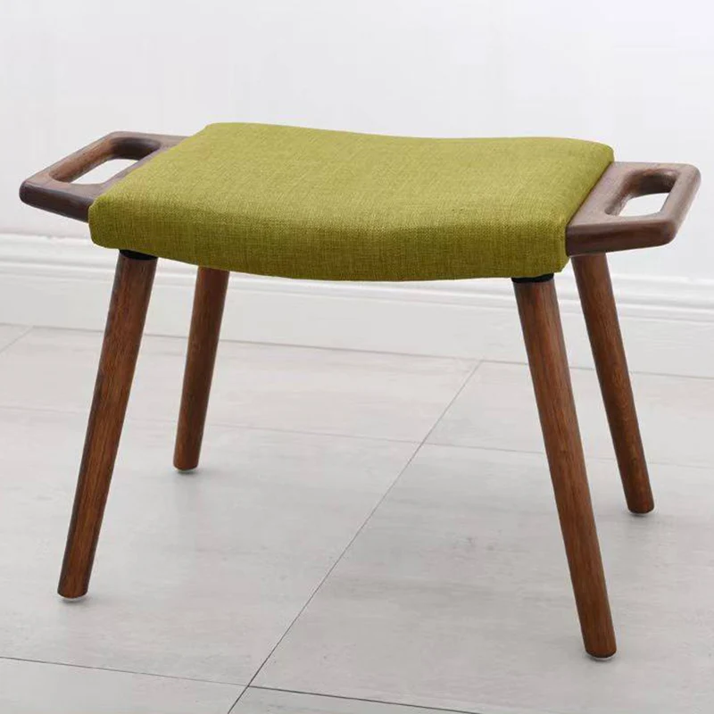 Contemporary Retro Cotton Linen Curved Seat Solid Wood Vanity Stool With Handles For Bedroom