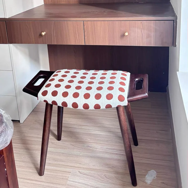 Contemporary Retro Cotton Linen Curved Seat Solid Wood Vanity Stool With Handles For Bedroom