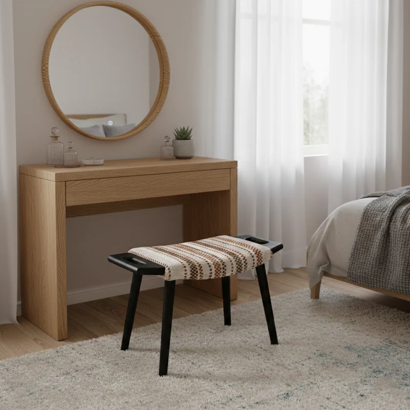 Contemporary Retro Cotton Linen Curved Seat Solid Wood Vanity Stool With Handles For Bedroom