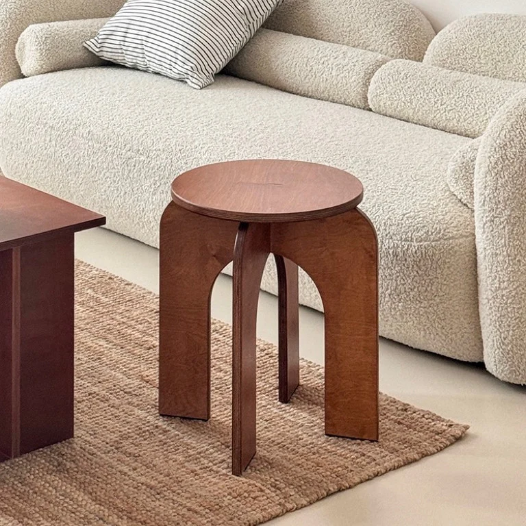 Contemporary Retro Round Birch Wood Marine Board Versatile Low Stool For Living Room & Bedroom & Entryway