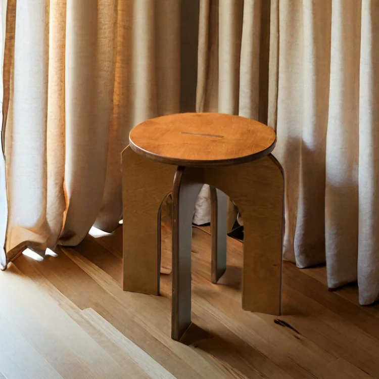 Contemporary Retro Round Birch Wood Marine Board Versatile Low Stool For Living Room & Bedroom & Entryway