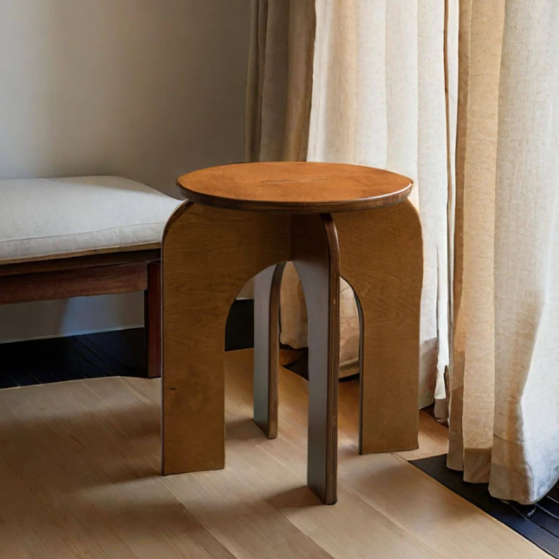 Contemporary Retro Round Birch Wood Marine Board Versatile Low Stool For Living Room & Bedroom & Entryway