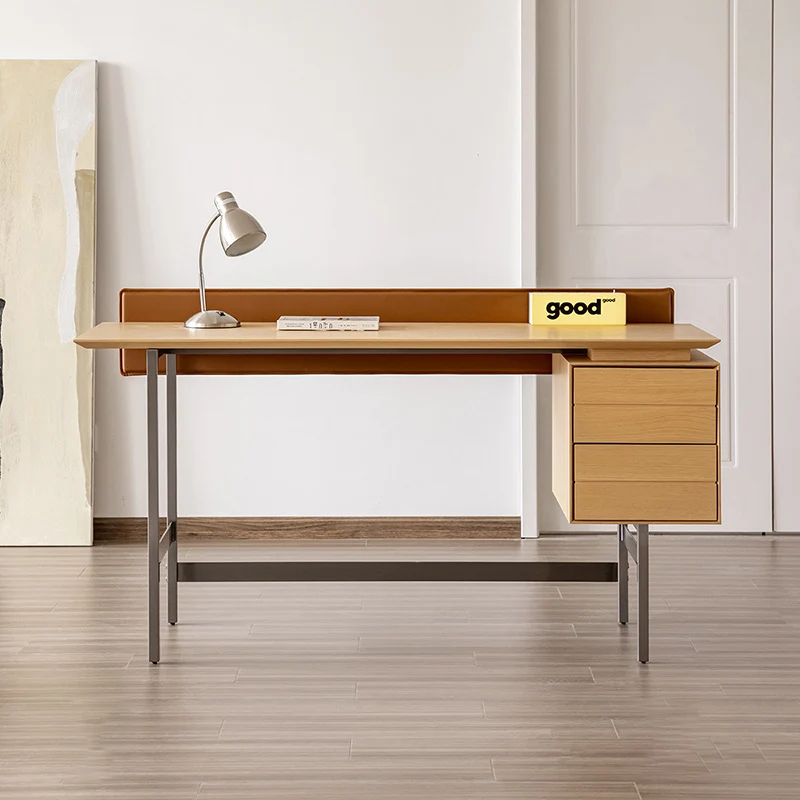 Modern Minimalist White Oak Veneer Solid Wood Plywood Desk With 2 Drawers For Home Office