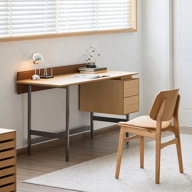 Modern Minimalist White Oak Veneer Solid Wood Plywood Desk With 2 Drawers For Home Office