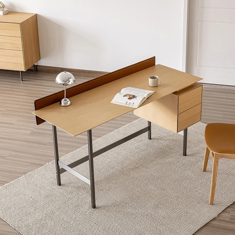 Modern Minimalist White Oak Veneer Solid Wood Plywood Desk With 2 Drawers For Home Office