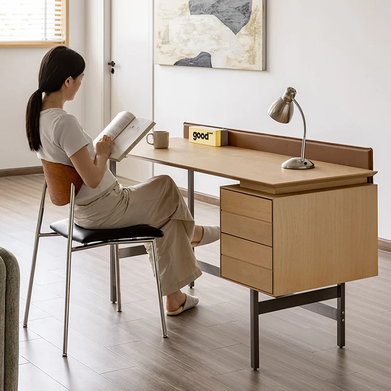 Modern Minimalist White Oak Veneer Solid Wood Plywood Desk With 2 Drawers For Home Office