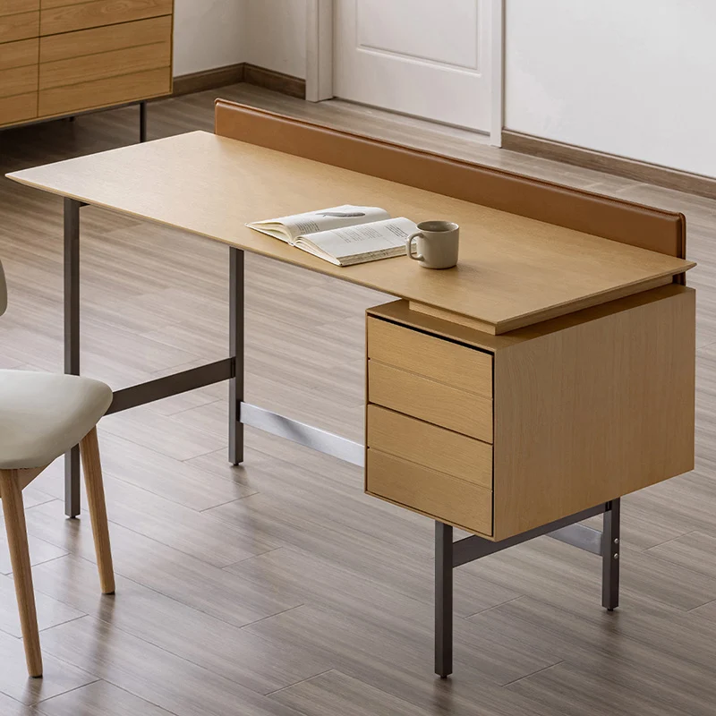 Modern Minimalist White Oak Veneer Solid Wood Plywood Desk With 2 Drawers For Home Office