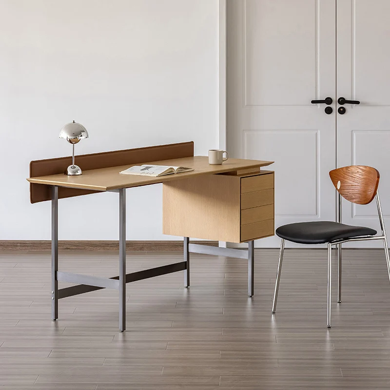 Modern Minimalist White Oak Veneer Solid Wood Plywood Desk With 2 Drawers For Home Office
