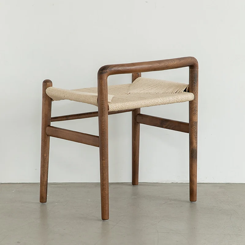 Traditional Chinese Kraft Paper Rope Rubberwood Square Cylindrical Low Stool With Backrest For Living Room