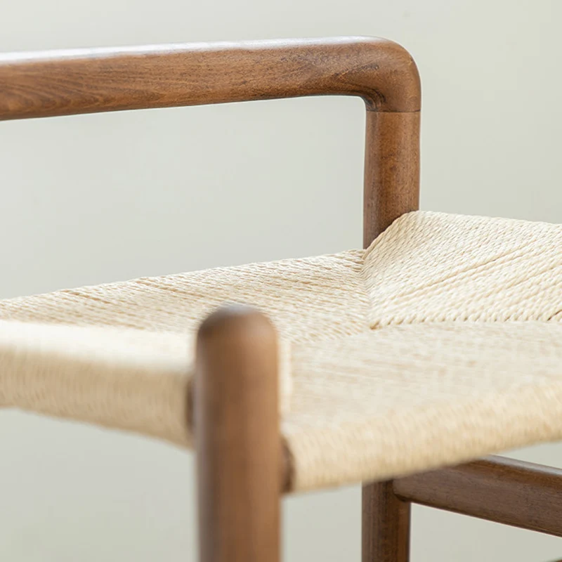 Traditional Chinese Kraft Paper Rope Rubberwood Square Cylindrical Low Stool With Backrest For Living Room