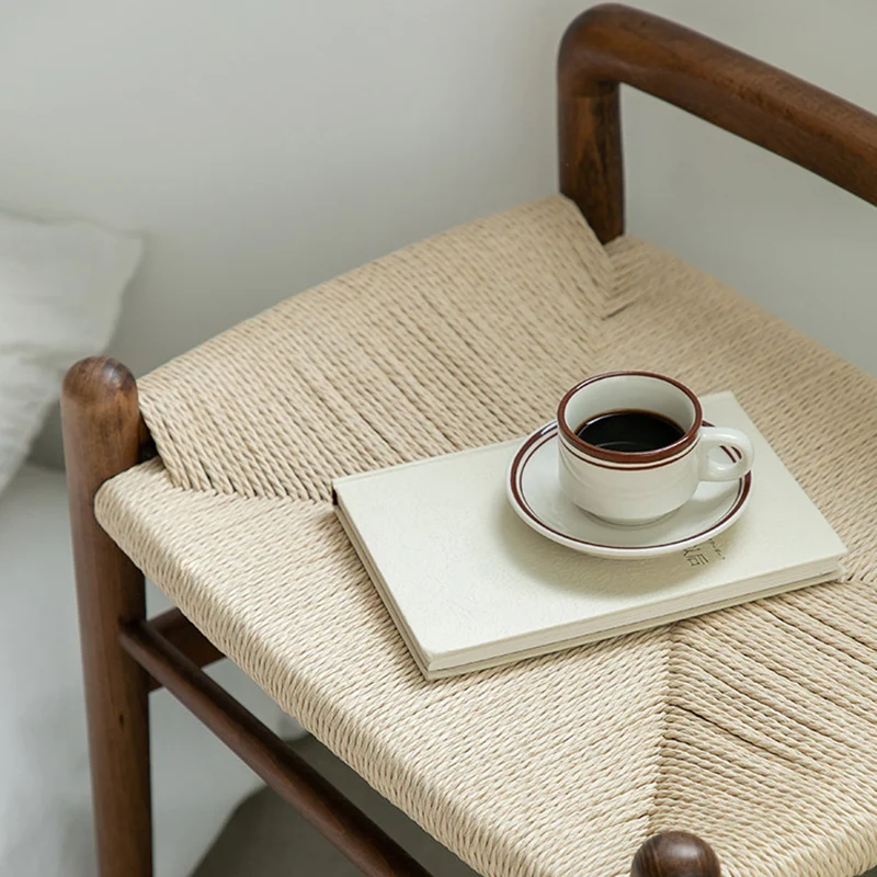 Traditional Chinese Kraft Paper Rope Rubberwood Square Cylindrical Low Stool With Backrest For Living Room