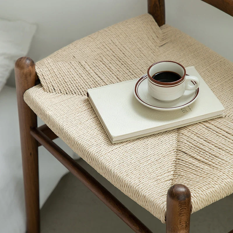 Traditional Chinese Kraft Paper Rope Rubberwood Square Cylindrical Low Stool With Backrest For Living Room