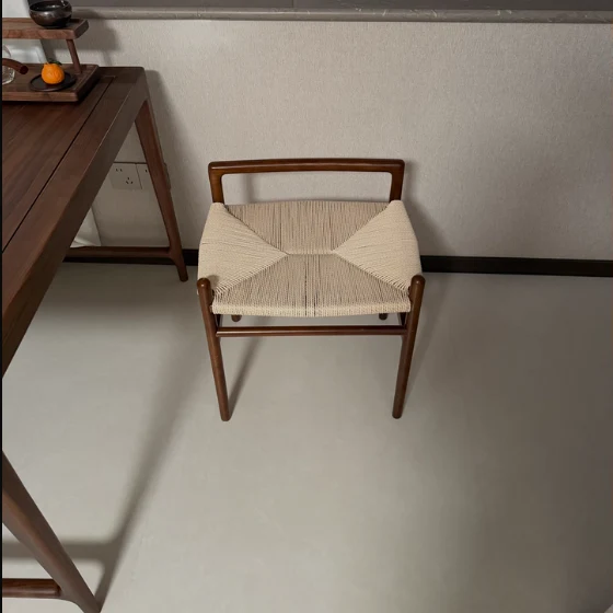Traditional Chinese Kraft Paper Rope Rubberwood Square Cylindrical Low Stool With Backrest For Living Room