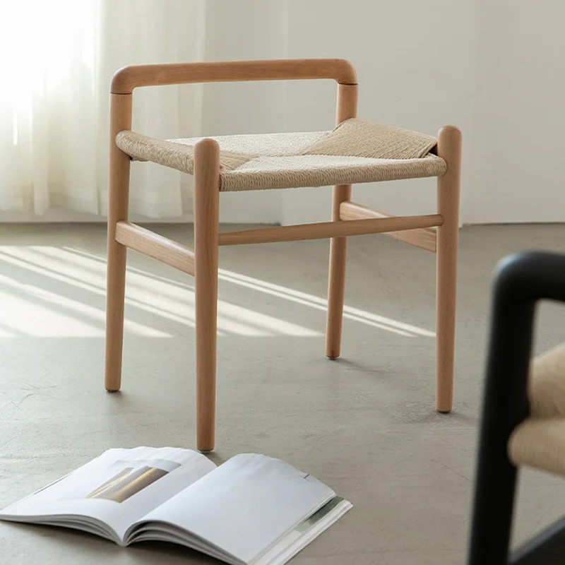 Traditional Chinese Kraft Paper Rope Rubberwood Square Cylindrical Low Stool With Backrest For Living Room