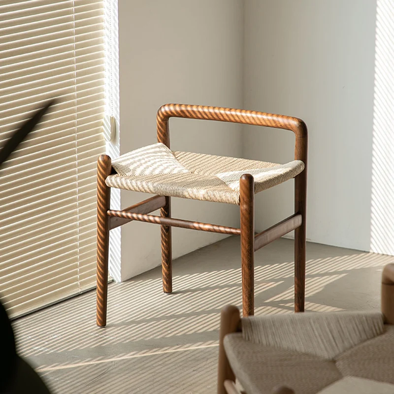 Traditional Chinese Kraft Paper Rope Rubberwood Square Cylindrical Low Stool With Backrest For Living Room