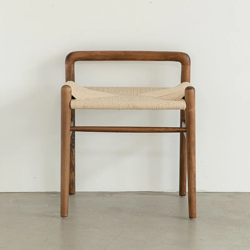 Traditional Chinese Kraft Paper Rope Rubberwood Square Cylindrical Low Stool With Backrest For Living Room