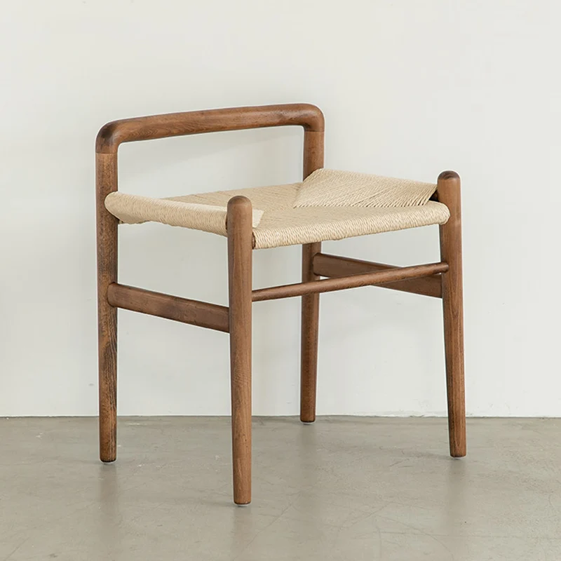 Traditional Chinese Kraft Paper Rope Rubberwood Square Cylindrical Low Stool With Backrest For Living Room