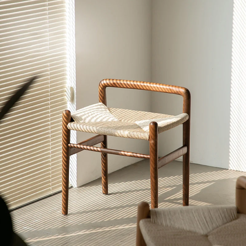 Traditional Chinese Kraft Paper Rope Rubberwood Square Cylindrical Low Stool With Backrest For Living Room