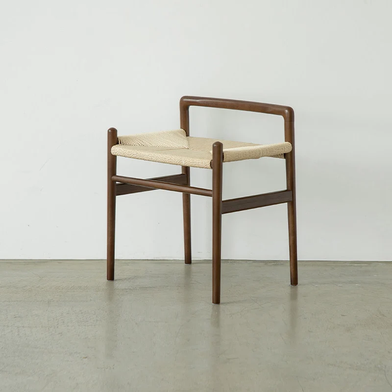 Traditional Chinese Kraft Paper Rope Rubberwood Square Cylindrical Low Stool With Backrest For Living Room