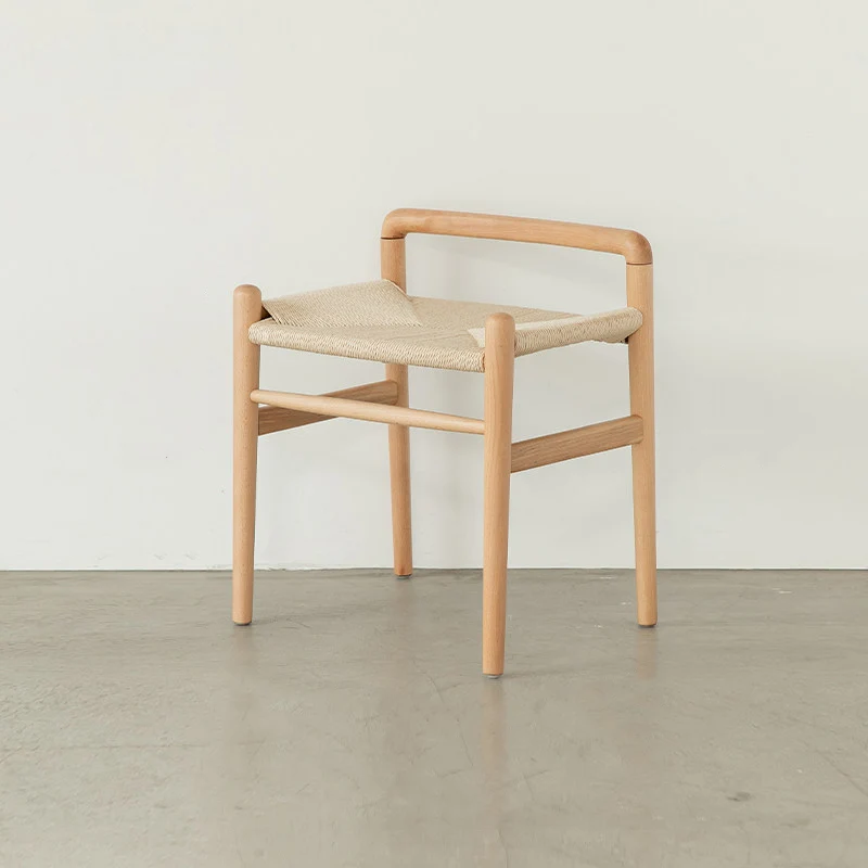 Traditional Chinese Kraft Paper Rope Rubberwood Square Cylindrical Low Stool With Backrest For Living Room