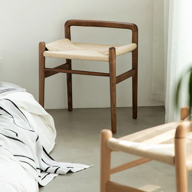 Traditional Chinese Kraft Paper Rope Rubberwood Square Cylindrical Low Stool With Backrest For Living Room