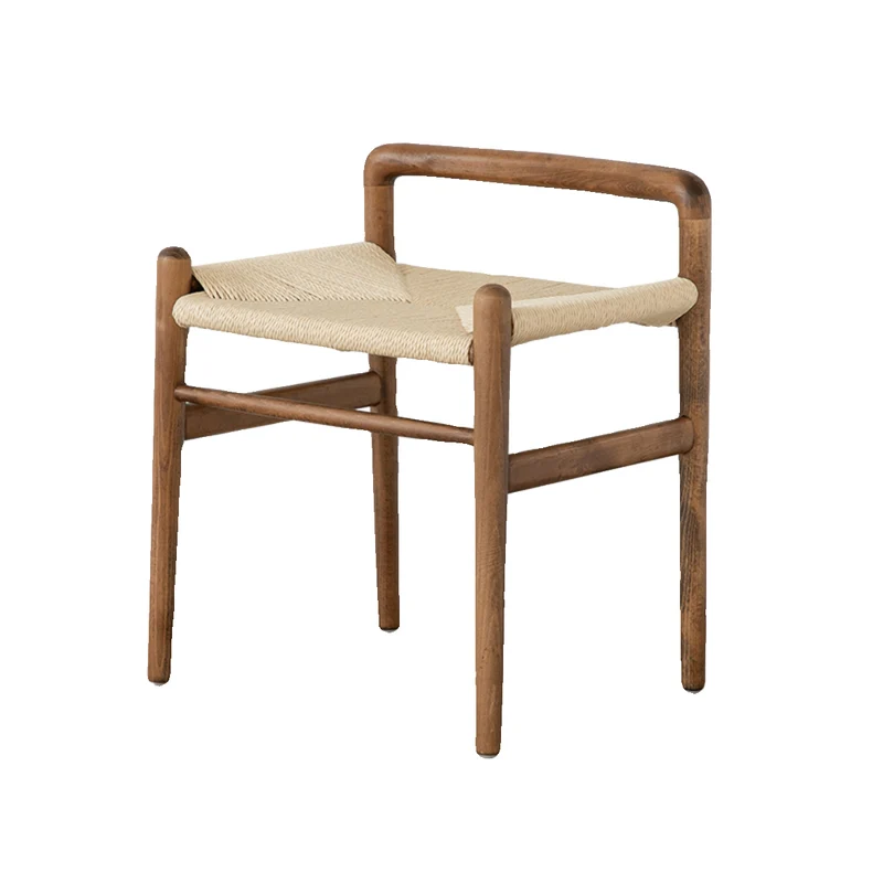 Traditional Chinese Kraft Paper Rope Rubberwood Square Cylindrical Low Stool With Backrest For Living Room