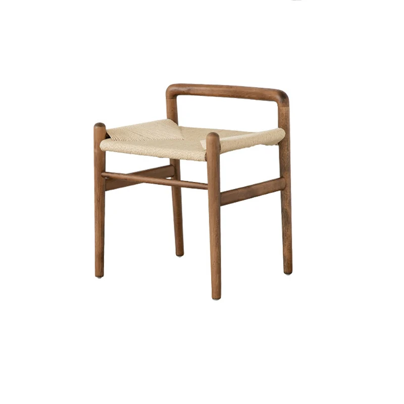 Traditional Chinese Kraft Paper Rope Rubberwood Square Cylindrical Low Stool With Backrest For Living Room