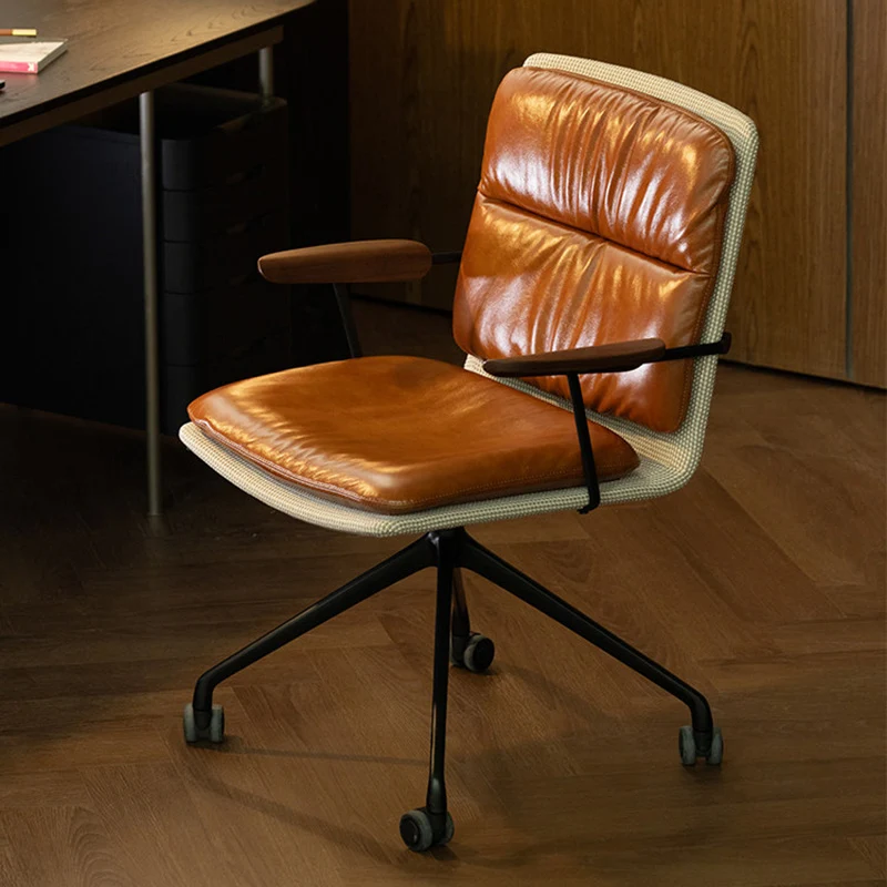 Modern Luxury Genuine Leather Solid Wood Aluminum Alloy Ergonomic Desk Chair With Swivel & Mobility For Home Office And Bedroom