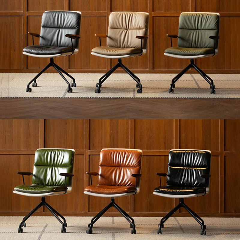 Modern Luxury Genuine Leather Solid Wood Aluminum Alloy Ergonomic Desk Chair With Swivel & Mobility For Home Office And Bedroom