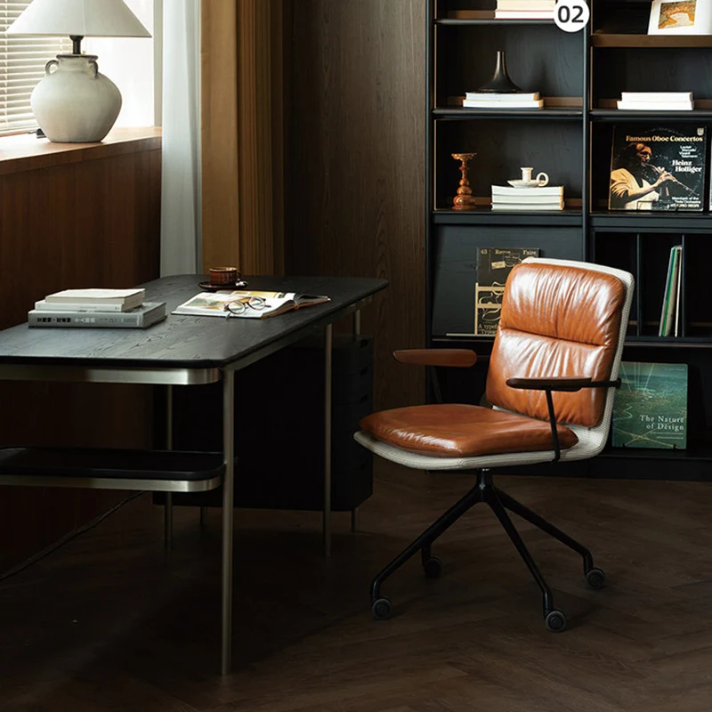 Modern Luxury Genuine Leather Solid Wood Aluminum Alloy Ergonomic Desk Chair With Swivel & Mobility For Home Office And Bedroom