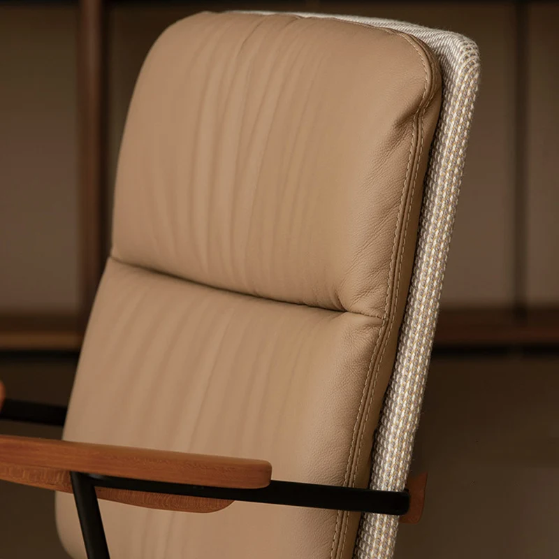 Modern Luxury Genuine Leather Solid Wood Aluminum Alloy Ergonomic Desk Chair With Swivel & Mobility For Home Office And Bedroom
