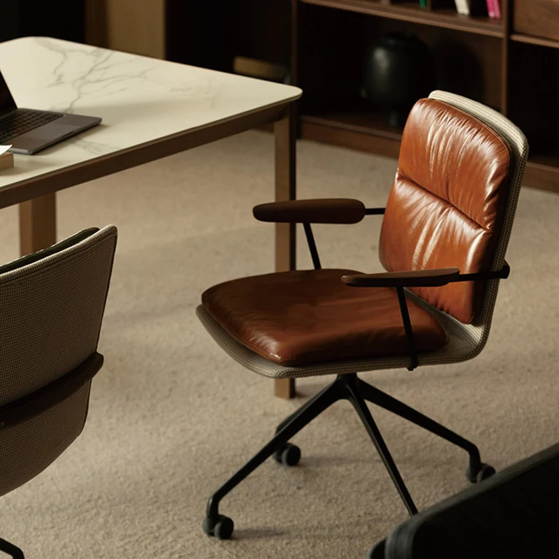 Modern Luxury Genuine Leather Solid Wood Aluminum Alloy Ergonomic Desk Chair With Swivel & Mobility For Home Office And Bedroom
