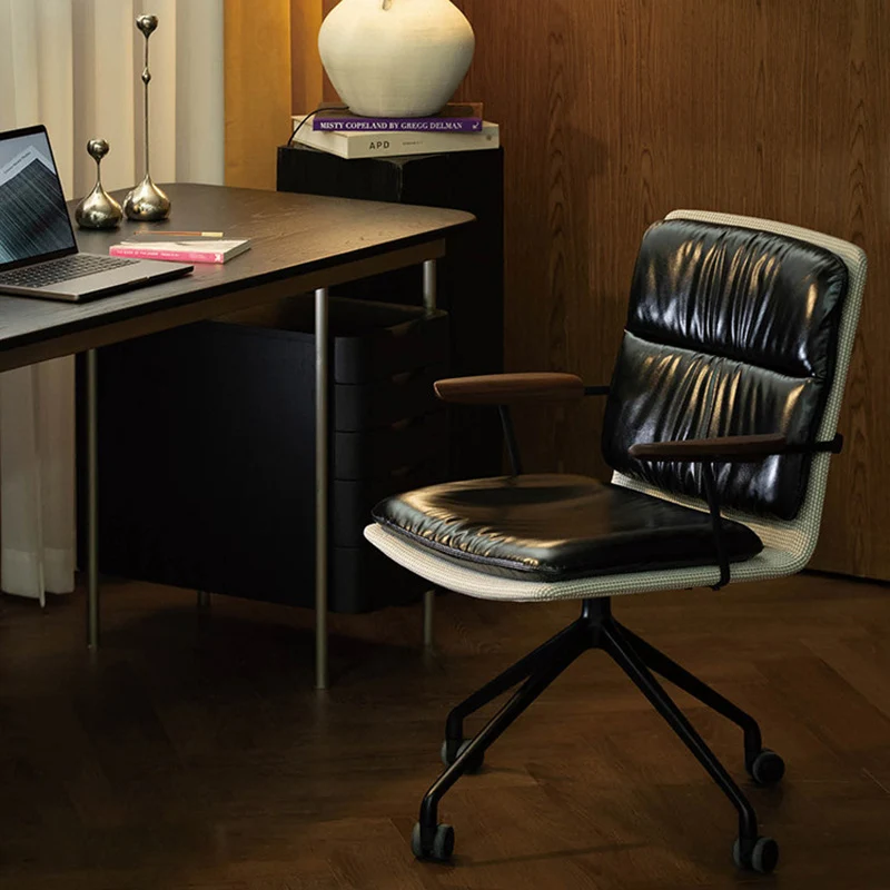 Modern Luxury Genuine Leather Solid Wood Aluminum Alloy Ergonomic Desk Chair With Swivel & Mobility For Home Office And Bedroom