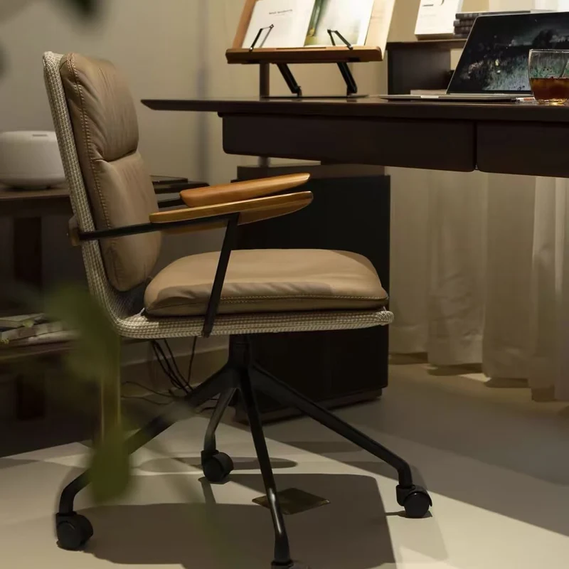 Modern Luxury Genuine Leather Solid Wood Aluminum Alloy Ergonomic Desk Chair With Swivel & Mobility For Home Office And Bedroom