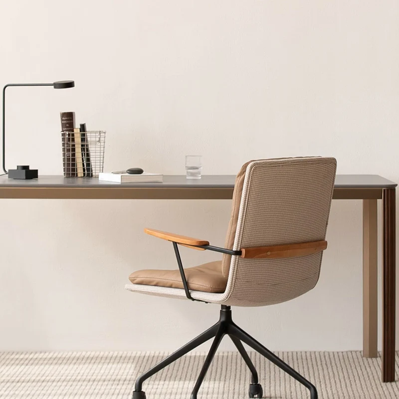 Modern Luxury Genuine Leather Solid Wood Aluminum Alloy Ergonomic Desk Chair With Swivel & Mobility For Home Office And Bedroom