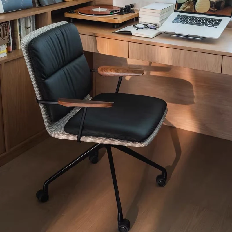 Modern Luxury Genuine Leather Solid Wood Aluminum Alloy Ergonomic Desk Chair With Swivel & Mobility For Home Office And Bedroom