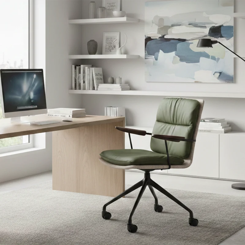 Modern Luxury Genuine Leather Solid Wood Aluminum Alloy Ergonomic Desk Chair With Swivel & Mobility For Home Office And Bedroom