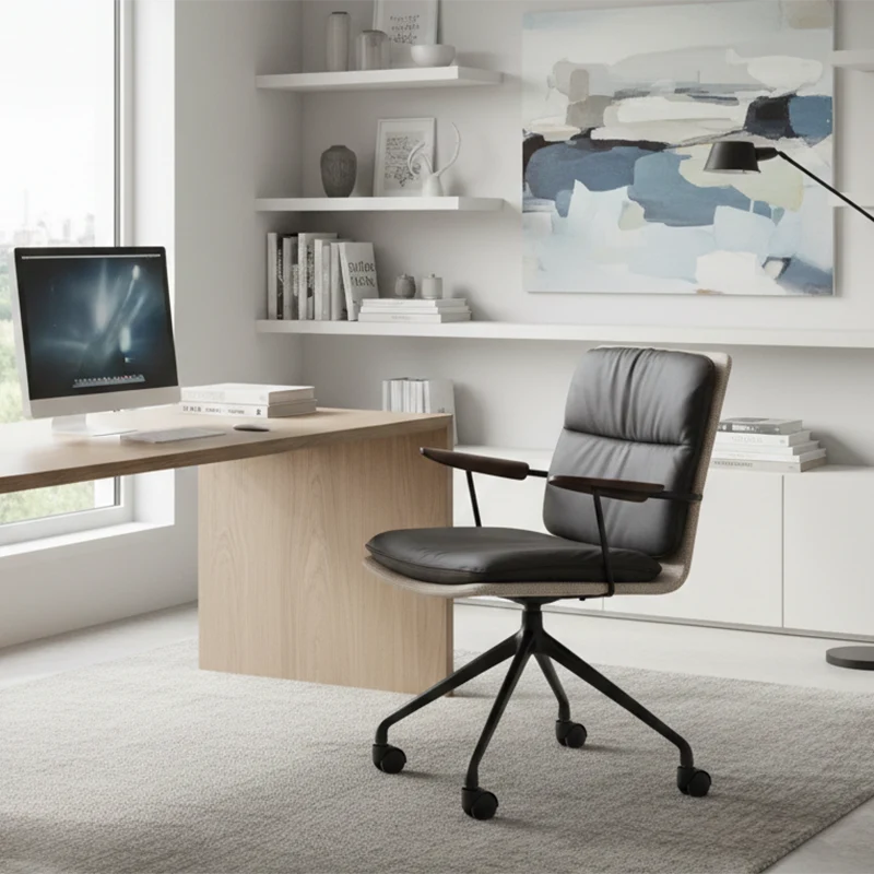 Modern Luxury Genuine Leather Solid Wood Aluminum Alloy Ergonomic Desk Chair With Swivel & Mobility For Home Office And Bedroom