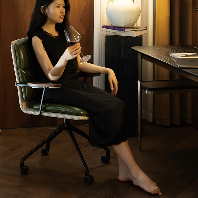 Modern Luxury Genuine Leather Solid Wood Aluminum Alloy Ergonomic Desk Chair With Swivel & Mobility For Home Office And Bedroom