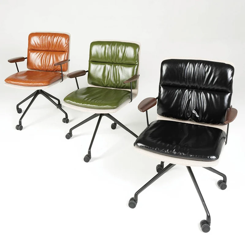 Modern Luxury Genuine Leather Solid Wood Aluminum Alloy Ergonomic Desk Chair With Swivel & Mobility For Home Office And Bedroom
