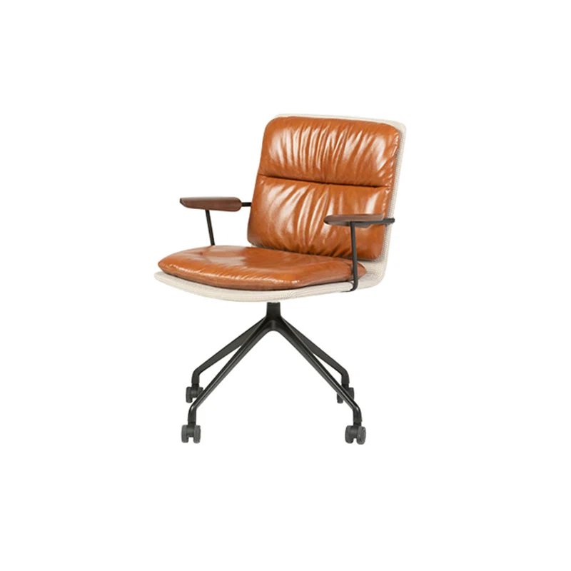 Modern Luxury Genuine Leather Solid Wood Aluminum Alloy Ergonomic Desk Chair With Swivel & Mobility For Home Office And Bedroom