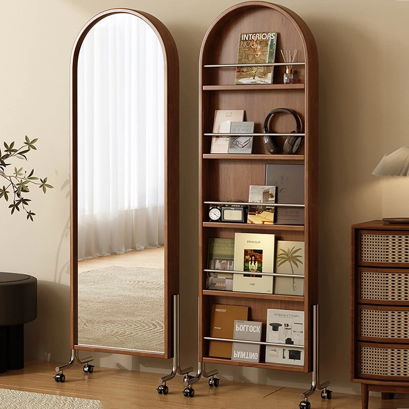 Modern Mid-Century Rubberwood Plywood Stainless Steel Ellipse Bookshelf 360° Rotating Full-Length Mirror For Living Room