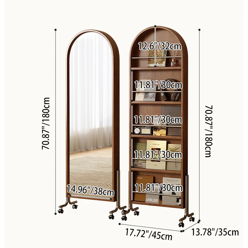 Modern Mid-Century Rubberwood Plywood Stainless Steel Ellipse Bookshelf 360° Rotating Full-Length Mirror For Living Room