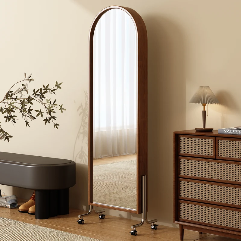 Modern Mid-Century Rubberwood Plywood Stainless Steel Ellipse Bookshelf 360° Rotating Full-Length Mirror For Living Room