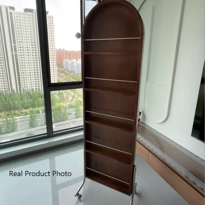 Modern Mid-Century Rubberwood Plywood Stainless Steel Ellipse Bookshelf 360° Rotating Full-Length Mirror For Living Room