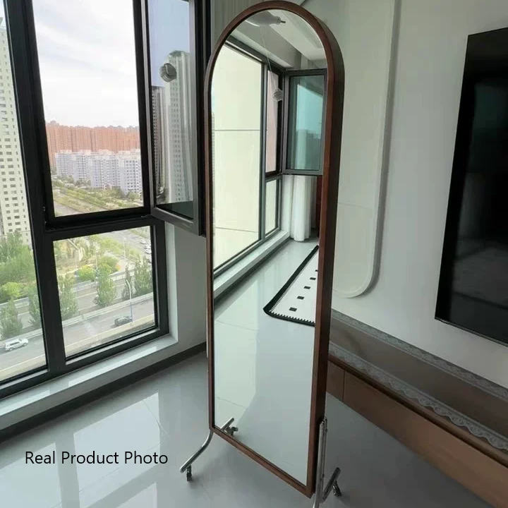 Modern Mid-Century Rubberwood Plywood Stainless Steel Ellipse Bookshelf 360° Rotating Full-Length Mirror For Living Room
