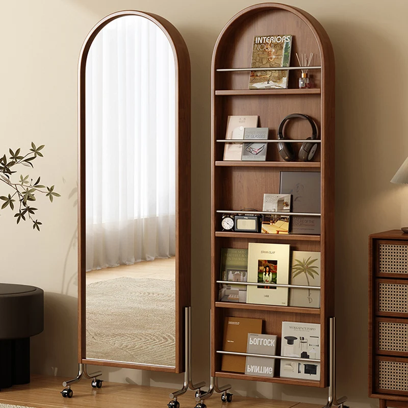 Modern Mid-Century Rubberwood Plywood Stainless Steel Ellipse Bookshelf 360° Rotating Full-Length Mirror For Living Room