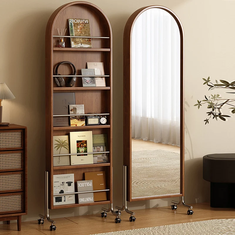 Modern Mid-Century Rubberwood Plywood Stainless Steel Ellipse Bookshelf 360° Rotating Full-Length Mirror For Living Room